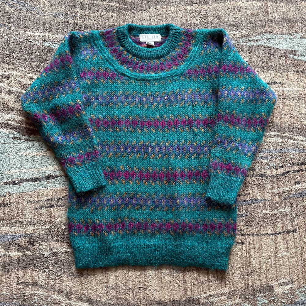 Vintage 90's Studio Michelle Stuart Teal Purple Mohair Wool Crewneck Sweater M